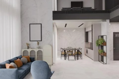A modern, open-plan living space with a loft, featuring a blue sofa, dining.. Ilustração Stock