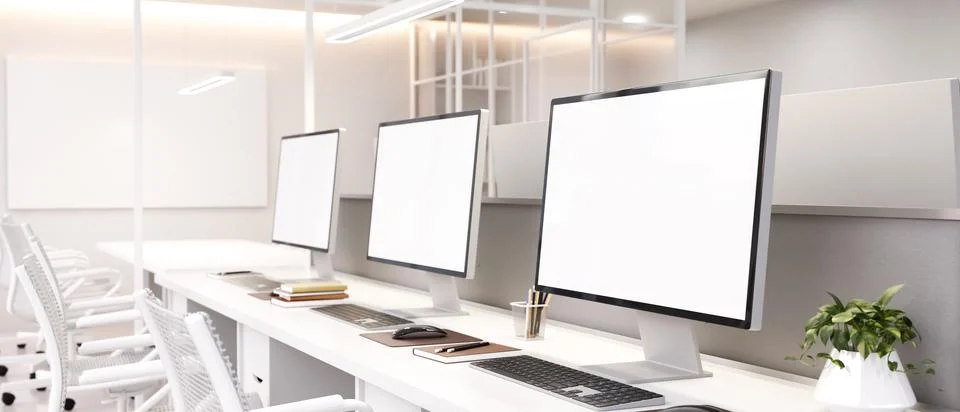 Modern Open Plan Office Workspace with Blank Desktop Computer Monitors in B.. Stock Illustration