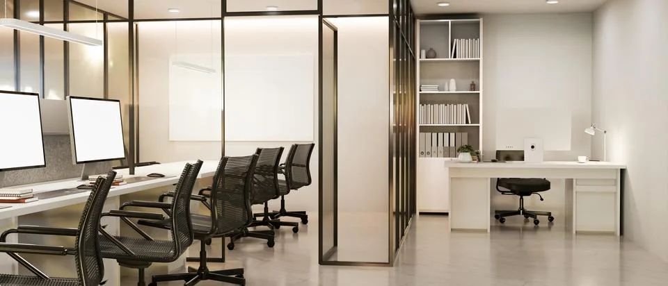 Modern open plan office workspace with blank presentation board and compute.. Stock Illustration