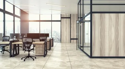 The modern open space office interior with wooden walls and panoramic windows Stock Illustration