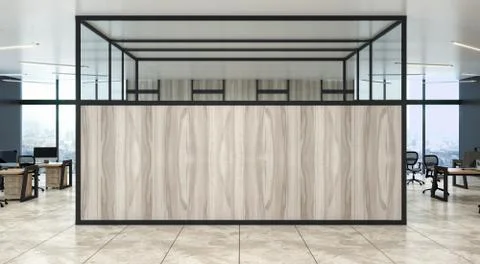 The modern open space office interior with panoramic windows and empty wall with Fotos de archivo