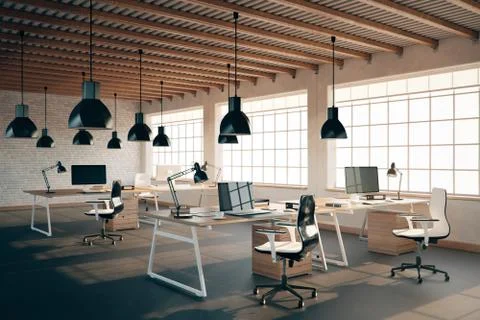 Modern open space office in loft style with workplaces. Stock Illustration
