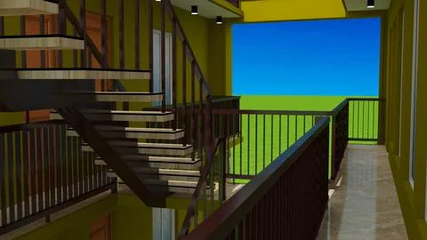 Modern Open Staircase and Upper Floor Landing in Residential Interior 스톡 일러스트