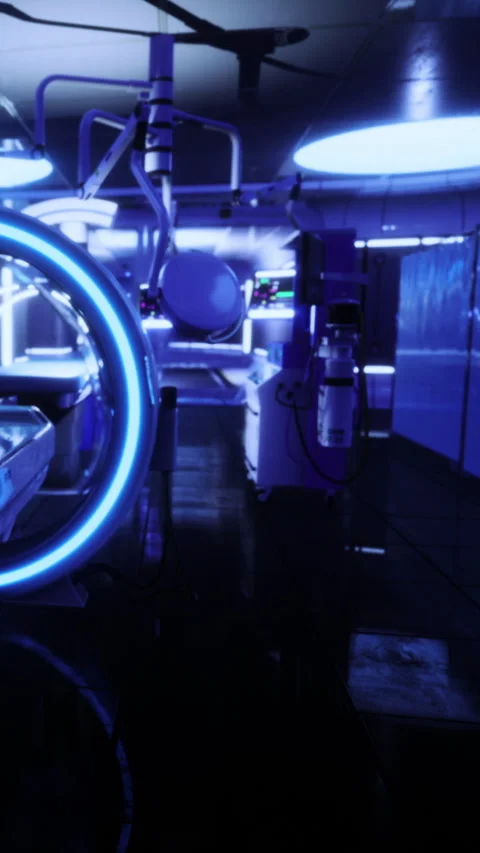 Modern operating room with neon lights and advanced medical equipment Stock Footage 334884451