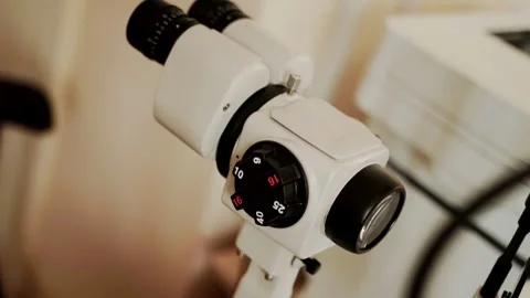 A modern ophthalmological device, the slit lamp, is used for biomicroscopy of 스톡 동영상 317807152