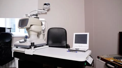 Modern optometry equipment on white desk in clinical office, including phor.. Stock Photos