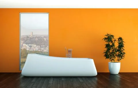 Modern orange bathroom interior 3d rendering mock up Illustrazione stock