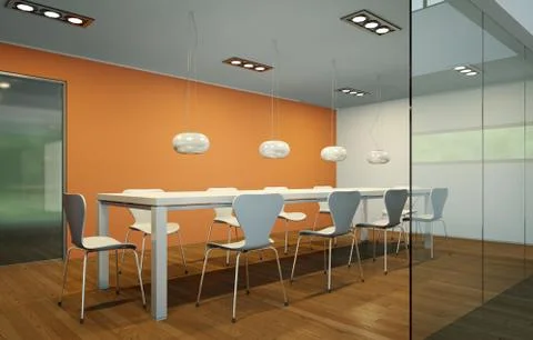 Modern orange dining room interior design big table behind glas Stock Illustration
