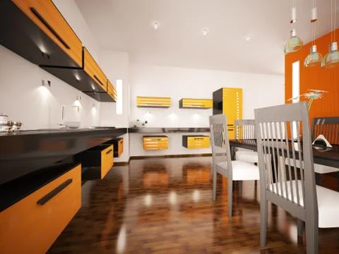 Modern orange kitchen interior 3d render Stock Illustration