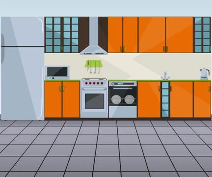 Modern orange kitchen interior Stock Illustration