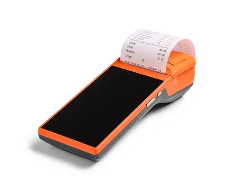 Modern orange POS terminal with printed receipt, financial transaction and re Stock Photos