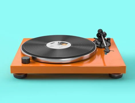 Modern orange vinyl record player with disc on blue background Stock Illustration