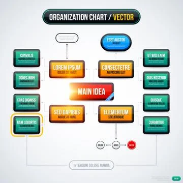 Modern organization chart template with glowing lights on white background. E Stock Illustration