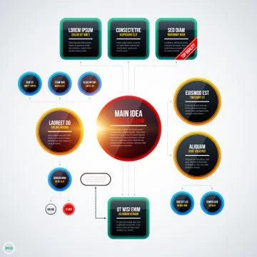 Modern organization chart template with glowing lights on white background. E Stock Illustration