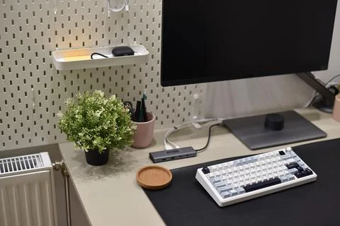 Modern organized desk setup with computer monitor, mechanical keyboard Foto stock