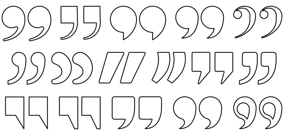 A modern outline quotation marks icon set featuring multiple linear typogra.. Stock Illustration
