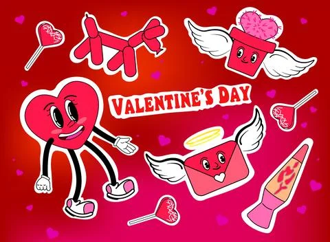 Modern Pack of Cute Stickers Vector Design. Groovy Characters, Trendy Valenti Stock Illustration