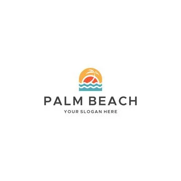 Modern PALM BEACH waves tree sunset logo design Stock Illustration