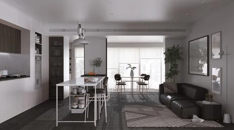 Modern panoramic living room, kitchen and dining room in dark and wooden tone Stock Illustration