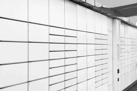 Modern parcel locker with many postal boxes 스톡 사진