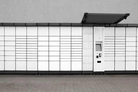 Modern parcel locker with many postal boxes outdoors Stockfoto's