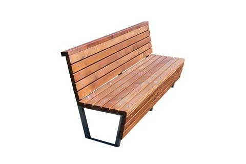 Modern park bench featuring stained wooden slats metal frame isolated on whit Fotos de archivo