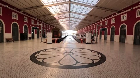 Modern passenger trains at platforms in main railway station of Lisbon Stock Footage 324814369