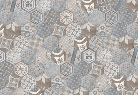 Modern Patchwork tiles. Portuguese and Spain decor. Hexagon pattern. Stock Illustration