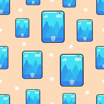 A modern pattern featuring stylized cellphones and mountain landscape design. Stock Illustration