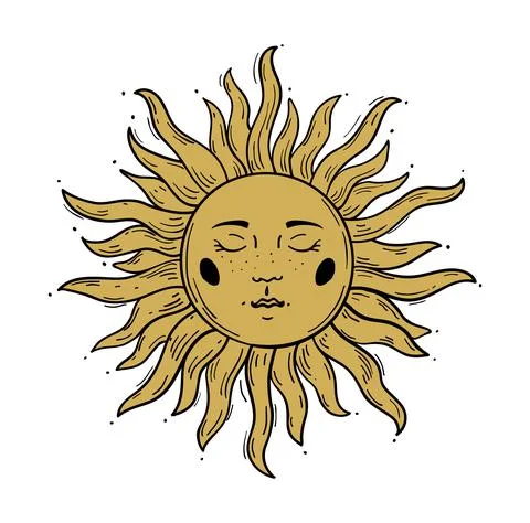 Modern pattern in vintage style, the sun with a face, stylized drawing, gold  Stock Illustration