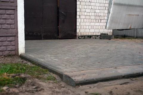 Modern paved path texture background, new slab sidewalk pattern, pathway wall 写真素材