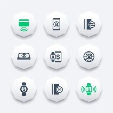 Modern payment methods icons on octagon shapes, contactless card, payment wit Stock Illustration