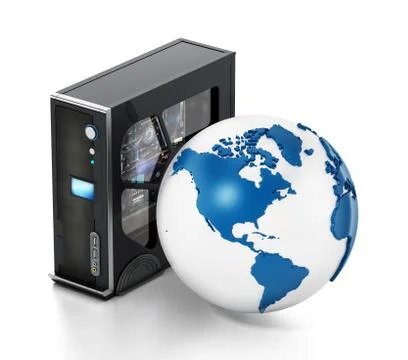 Modern PC case and globe isolated on white background. 3D illustration Stock Illustration