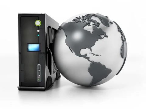 Modern PC case and globe isolated on white background. 3D illustration Stock Illustration