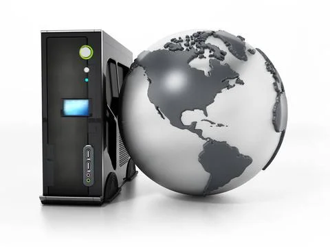 Modern PC case and globe isolated on white background. 3D illustration Mod... 스톡 사진
