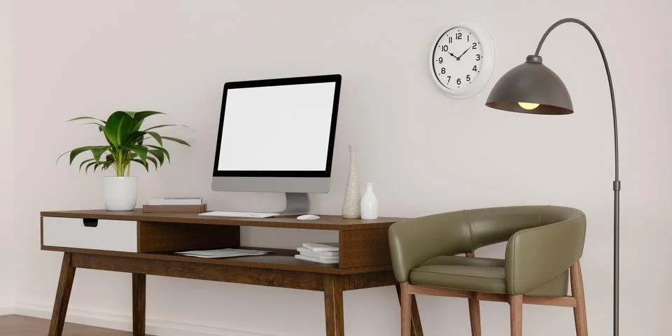A modern PC computer blank screen mockup is on a table in a modern minimal home Stock Illustration