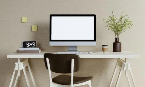 A modern PC computer blank screen mockup is on a table in a modern minimal home Stock Photos