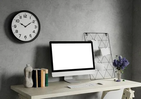 A modern PC computer blank screen mockup is on a table in a modern minimal home Stock Photos