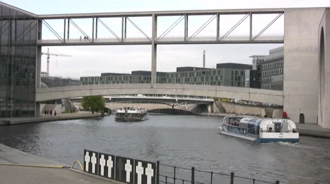 Modern pedestrian bridge structure over river Spree Stock Footage 44348558