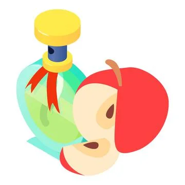 Modern perfume icon isometric vector. Beautiful bottle of perfume and red apple Ilustración de archivo