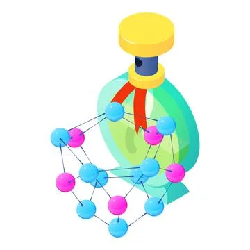 Modern perfume icon isometric vector. Blue bottle of perfume and molecule sym Stock-Illustration