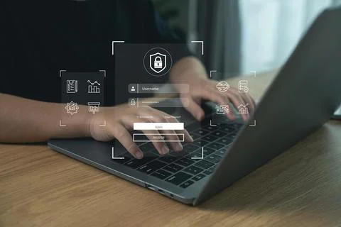 Modern person using digital technology with security icons, secure login, a.. Stock Photos