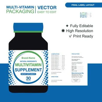 Modern pharma packaging label template for vitamins, supplements Stock Illustration