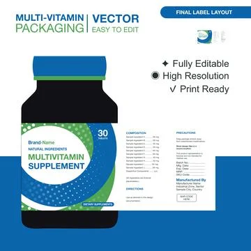 Modern pharma packaging label template for vitamins, supplements Stock Illustration