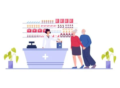 Modern pharmacy interior with visitor. Client order and buy Stock Illustration