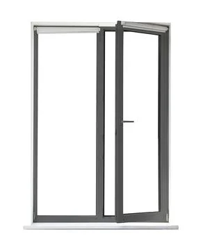 Modern plastic window with dark grey frame on white background Stock Photos