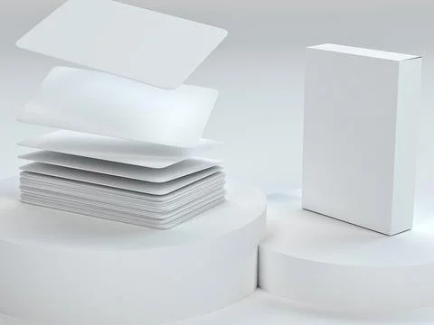 Modern playing cards mock up. 3d rendering white scene with podium and paper Stock Illustration