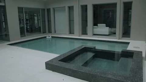 Modern Pool and Spa in Contemporary Sunshine Coast Home Exterior Australia Stock Footage 341314060
