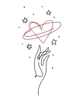 Modern poster continuous line, hand touching the heart of the planet with stars Stock Illustration