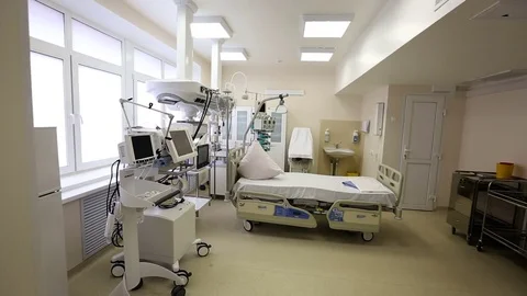 Modern postoperative ward with a large number of monitors for patient control Stock Footage 84177865